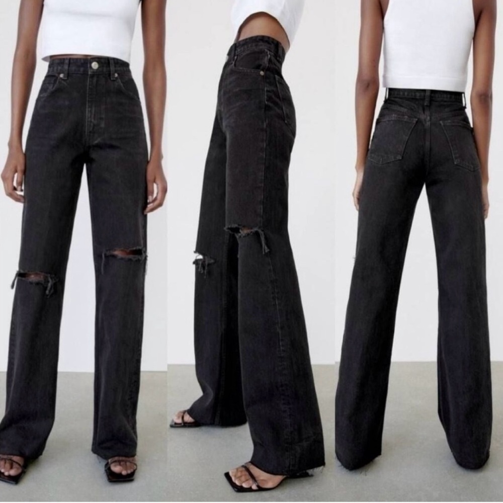 NWT Zara No stretch high rise full length wide leg distressed denim
